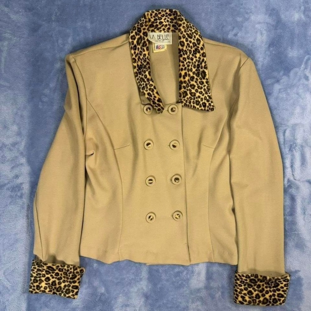 Vintage Leopard print collar and cuffs double breasted jacket women size 9